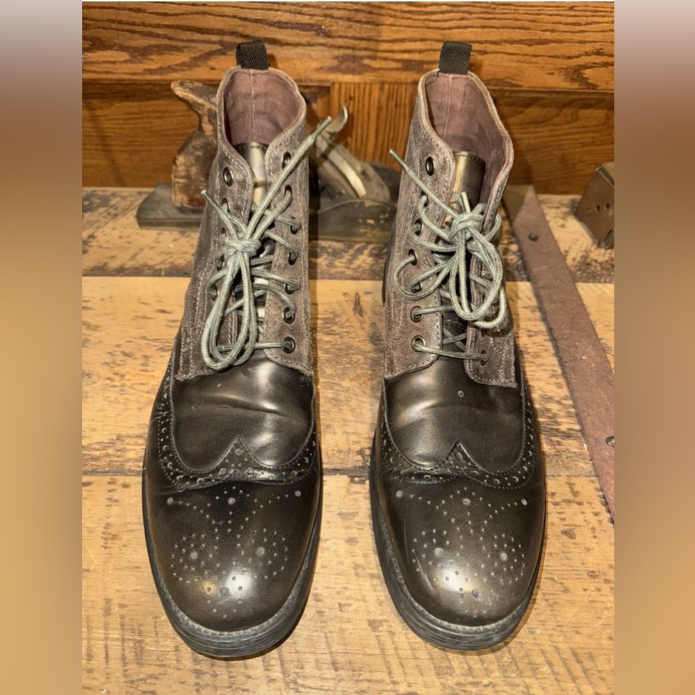 Classic Grey Leather and Suede Brogue Boots - Picture 2 of 4